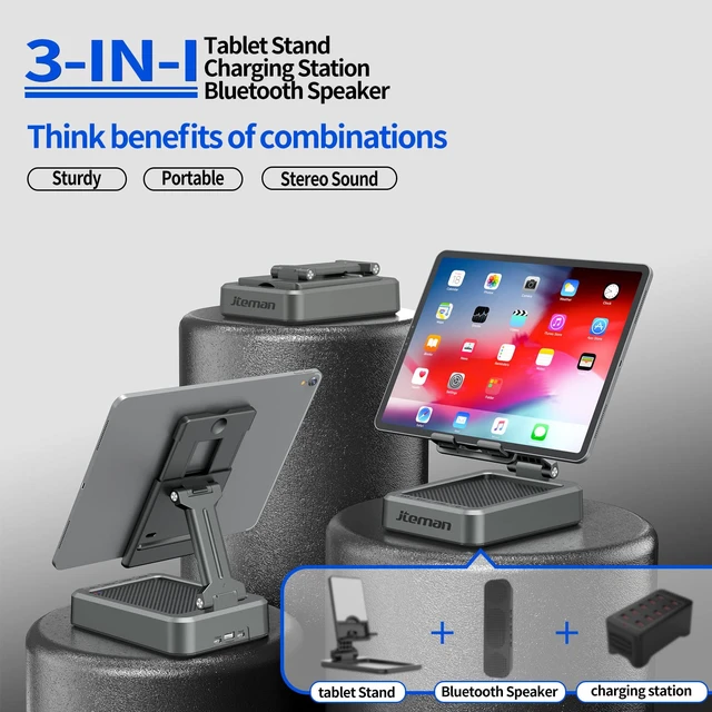 Alt view image 2 of 7 - Wireless Bluetooth Speaker Tablet Stand, Adjustable with Bluetooth Speakers,Gifts for Women Men,Kitchen Gadget for Men,Compatible with Phones and Tablet (4.0-12.9'') - Graphite
