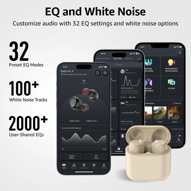Alt view image 6 of 7 - T6 Wireless Earbuds Bluetooth 5.3 Stereo Sound in Ear Headphones OrigX Stereo Deep Bass, 50H Playtime, Lighter Ear buds, IPX8 Waterproof, wireless Charging Case, 32 EQs via APP Khaki