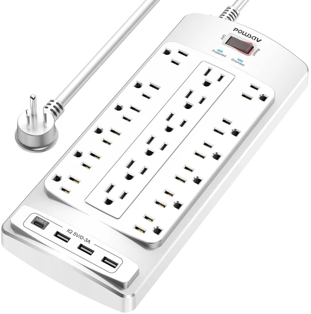 Main image of 18 Outlets Surge Protector Power Strip - 6 Feet Flat Plug Heavy Duty Extension Cord with 18 Widely Outlets and 4 USB Ports, 2100 Joules, White, ETL Listed