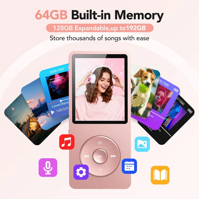 Alt view image 3 of 7 - A02PL 64GB MP3 Player, 65 Hours Playback Music Player, Rose Gold No Bluetooth, Lossless Sound, Supports up to 128GB