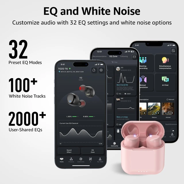Alt view image 5 of 7 - T6 Wireless Earbuds Bluetooth 5.3 Stereo Sound in Ear Headphones OrigX Stereo Deep Bass, 50H Playtime, Lighter Ear buds, IPX8 Waterproof, wireless Charging Case, 32 EQs via APP Pink