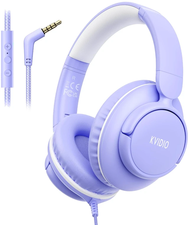 Main image of Wired Headphones with Mic, 3.5mm Plug Corded Headphones for School Purple Wired Over Ear Foldable Headphones for Teens Classroom Travel, 4.9ft Tangle-Free Cord with Volume Control for Tablet Laptop