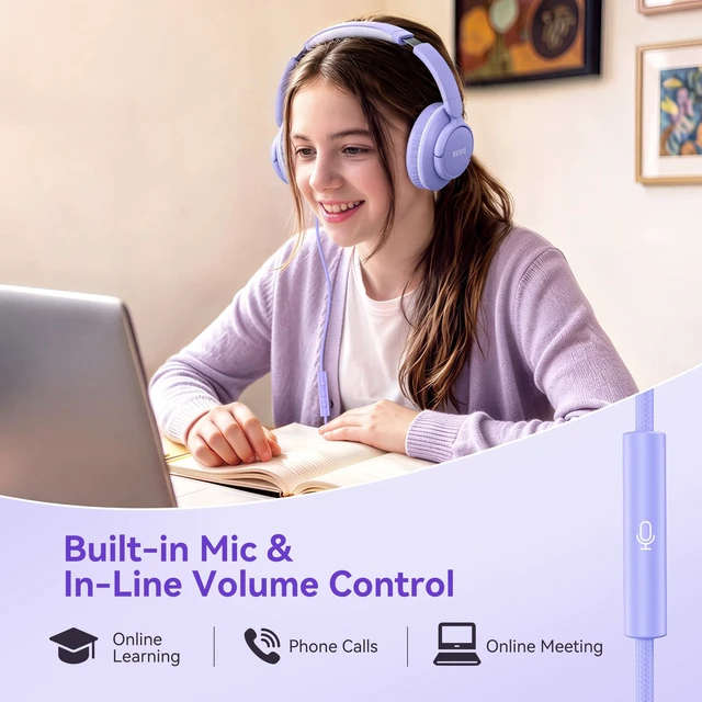 Alt view image 2 of 7 - Wired Headphones with Mic, 3.5mm Plug Corded Headphones for School Purple Wired Over Ear Foldable Headphones for Teens Classroom Travel, 4.9ft Tangle-Free Cord with Volume Control for Tablet Laptop