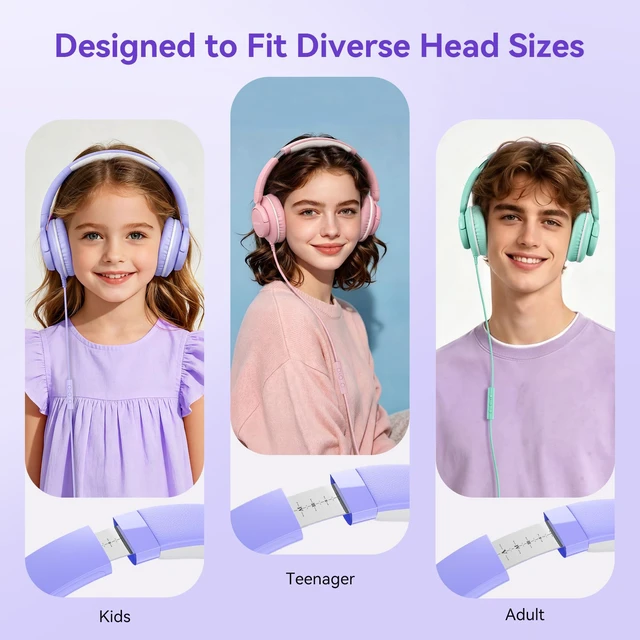 Alt view image 3 of 7 - Wired Headphones with Mic, 3.5mm Plug Corded Headphones for School Purple Wired Over Ear Foldable Headphones for Teens Classroom Travel, 4.9ft Tangle-Free Cord with Volume Control for Tablet Laptop