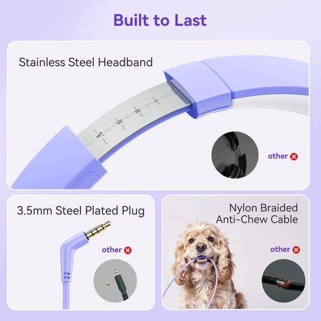 Alt view image 4 of 7 - Wired Headphones with Mic, 3.5mm Plug Corded Headphones for School Purple Wired Over Ear Foldable Headphones for Teens Classroom Travel, 4.9ft Tangle-Free Cord with Volume Control for Tablet Laptop