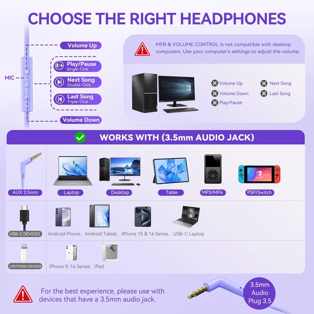 Alt view image 6 of 7 - Wired Headphones with Mic, 3.5mm Plug Corded Headphones for School Purple Wired Over Ear Foldable Headphones for Teens Classroom Travel, 4.9ft Tangle-Free Cord with Volume Control for Tablet Laptop