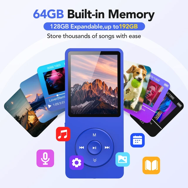 Alt view image 2 of 7 - A02PL 64GB MP3 Player, 65 Hours Playback Music Player, Deep Blue No Bluetooth, Lossless Sound, Supports up to 128GB