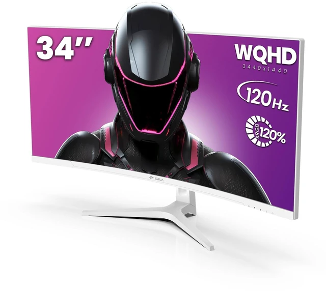 Main image of 34" WQHD 120Hz Ultrawide Curved Gaming Monitor, 1500R, FreeSync, White VA Panel With 120%sRGB, Low Blue Light, -5°to20° Tilt, HDMI 2.0, DP 1.4, 75x75mm Wall Mount For PC Gaming, Editing and Work