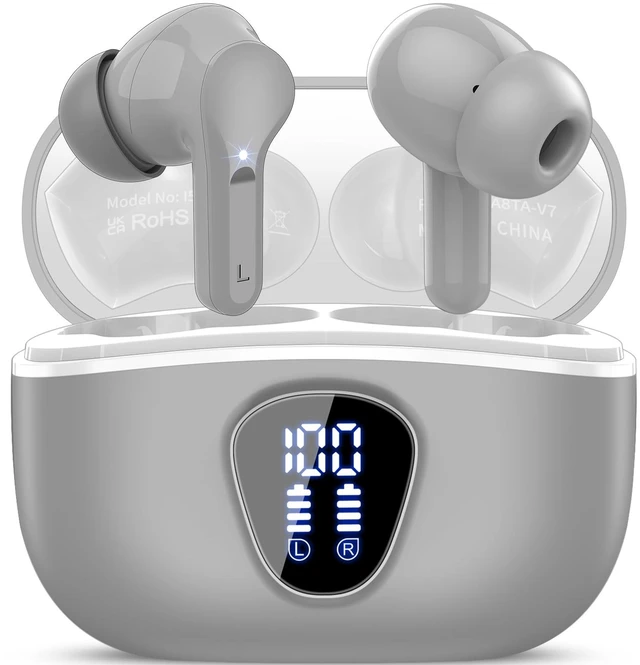 Main image of Wireless Earbuds, Bluetooth 5.4 Headphones HiFi Stereo, Bluetooth Earbuds With ENC Noise Cancelling Mic, IP7 Waterproof in Ear Earphones, 48H, LED Display Ear buds for Pad Workout Sports, Grey