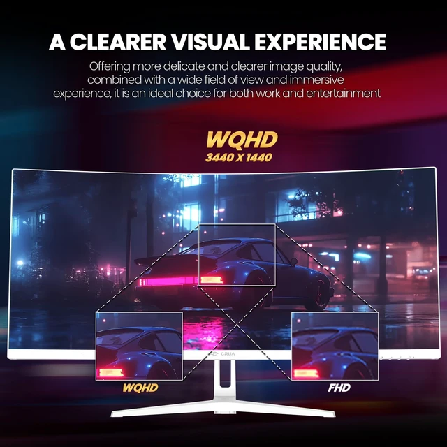 Alt view image 7 of 7 - 34" WQHD 120Hz Ultrawide Curved Gaming Monitor, 1500R, FreeSync, White VA Panel With 120%sRGB, Low Blue Light, -5°to20° Tilt, HDMI 2.0, DP 1.4, 75x75mm Wall Mount For PC Gaming, Editing and Work