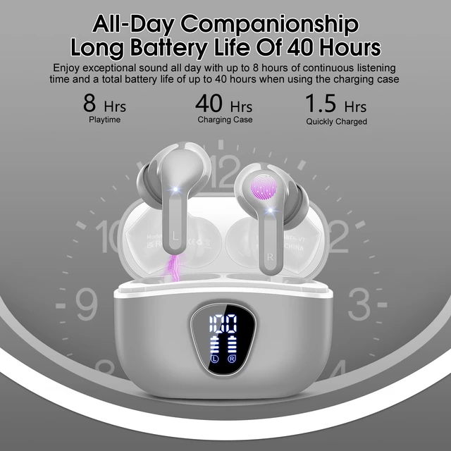 Alt view image 4 of 7 - Wireless Earbuds, Bluetooth 5.4 Headphones HiFi Stereo, Bluetooth Earbuds With ENC Noise Cancelling Mic, IP7 Waterproof in Ear Earphones, 48H, LED Display Ear buds for Pad Workout Sports, Grey
