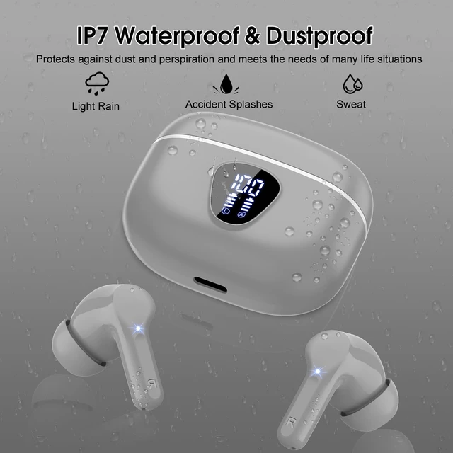 Alt view image 7 of 7 - Wireless Earbuds, Bluetooth 5.4 Headphones HiFi Stereo, Bluetooth Earbuds With ENC Noise Cancelling Mic, IP7 Waterproof in Ear Earphones, 48H, LED Display Ear buds for Pad Workout Sports, Grey