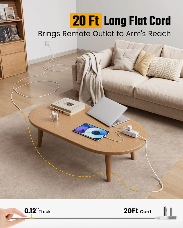 Alt view image 3 of 7 - 20Ft Extension Cord with Multiple Outlets, Flat Plug Power Strip Long Extension Cord with 6 Outlets, 4 USB Ports(2 USB C), Surge Protector for Home, Office Supplies, Dorm Essentials, White