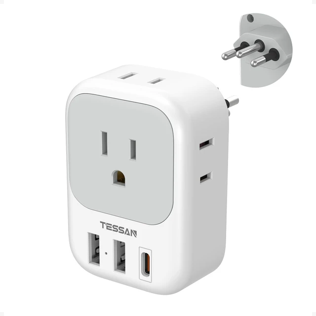 Main image of Brazil Power Adapter PD 20W Type N Plug 4 American Outlets, 3 USB Charger (1 USB C Port), US to Brazil Travel Adaptor, For USA to Brazilian Brasil