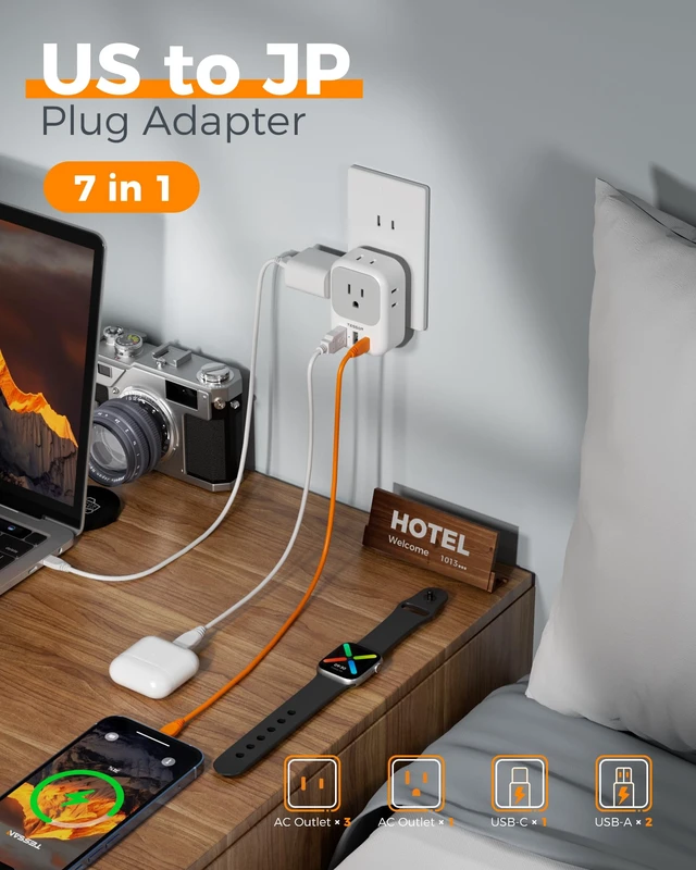 Alt view image 3 of 7 - US to Japan Plug Adapter PD 20W, 2 Prong to 3 Prong Adapter 4 Outlets 3 USB Ports (1 USB C), Type A Travel, US to Japan, Philippines, Canada, Mexico, China, Thailand, Anguilla