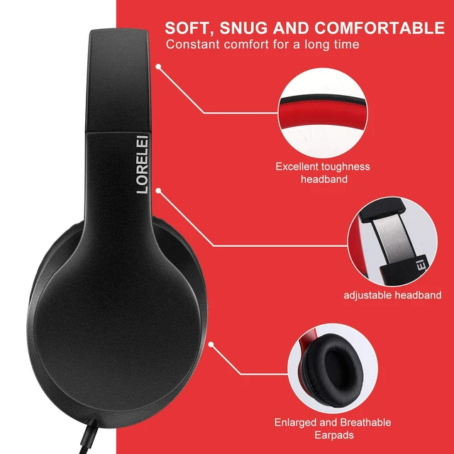 Alt view image 4 of 6 - X6 Over-Ear Headphones with Microphone, Lightweight Foldable & Portable Stereo Bass Headphones with 1.45M No-Tangle,Wired Headphones for Smartphone Tablet MP3 / 4 (Black-Red)
