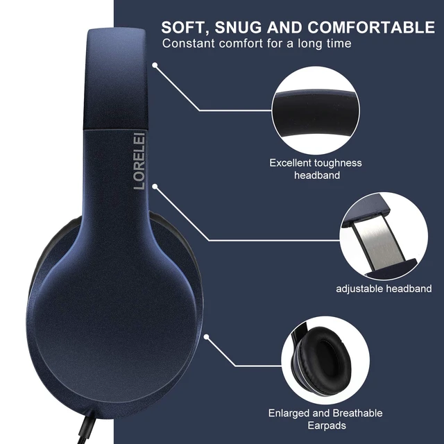 Alt view image 4 of 6 - X6 Over-Ear Headphones with Microphone, Lightweight Foldable & Portable Stereo Bass Headphones with 1.45M No-Tangle, Wired Headphones for Smartphone Tablet MP3 / 4 (Dark Blue)