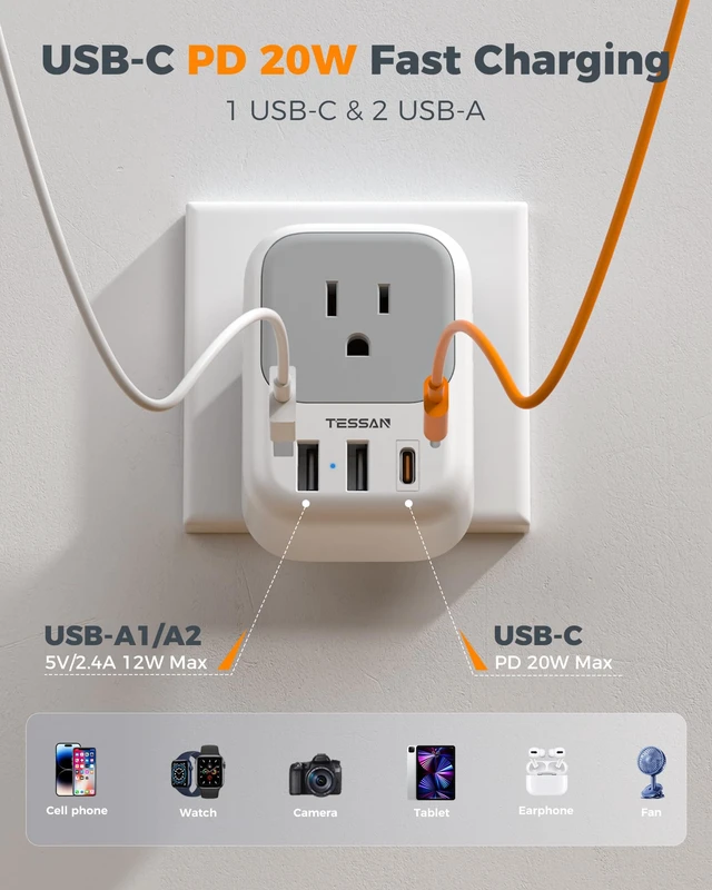 Alt view image 4 of 7 - US to Japan Plug Adapter PD 20W, 2 Prong to 3 Prong Adapter 4 Outlets 3 USB Ports (1 USB C), Type A Travel, US to Japan, Philippines, Canada, Mexico, China, Thailand, Anguilla