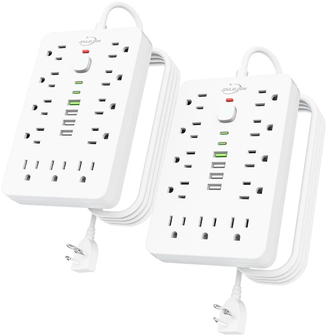 Main image of 6 FT Flat Plug Surge Protector Power Strip,11 AC Outlets with 6 USB Ports 2 Pack 6 Feet Extension Cord with 11 Outlets &6 USB Ports (2 USB C),1250W/10A,One Touch Switch Button power strip