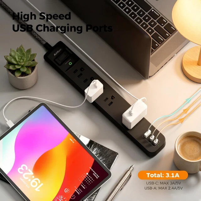 Alt view image 3 of 6 - 2 Pack Power Strip Surge Protector 5 Wide Spaced Outlets 3 USB 2 USB-C Charging Ports, 1875W/15A, 3ft Braided Cord, Flat Plug, Overload Surge Protection, Wall Mount for Home, Office & Dorm