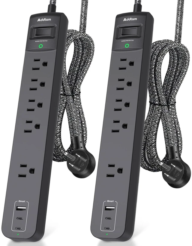 Main image of 2 Pack Power Strip Surge Protector 5 Wide Spaced Outlets 3 USB 2 USB-C Charging Port, 1875W/15A, 25ft Braided Cord, Flat Plug, Overload Surge Protection, Wall Mount for Home, Office & Dorm