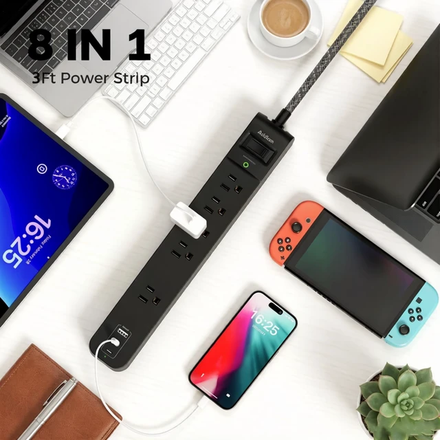 Alt view image 2 of 6 - 2 Pack Power Strip Surge Protector 5 Wide Spaced Outlets 3 USB 2 USB-C Charging Ports, 1875W/15A, 3ft Braided Cord, Flat Plug, Overload Surge Protection, Wall Mount for Home, Office & Dorm