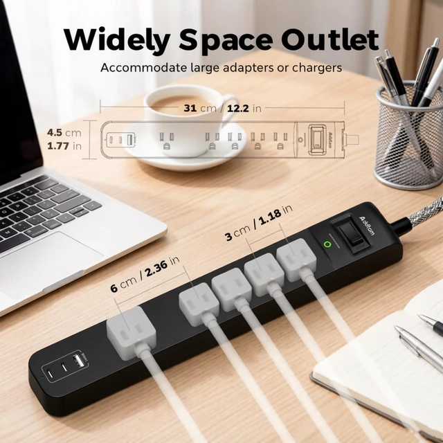 Alt view image 5 of 6 - 2 Pack Power Strip Surge Protector 5 Wide Spaced Outlets 3 USB 2 USB-C Charging Ports, 1875W/15A, 3ft Braided Cord, Flat Plug, Overload Surge Protection, Wall Mount for Home, Office & Dorm