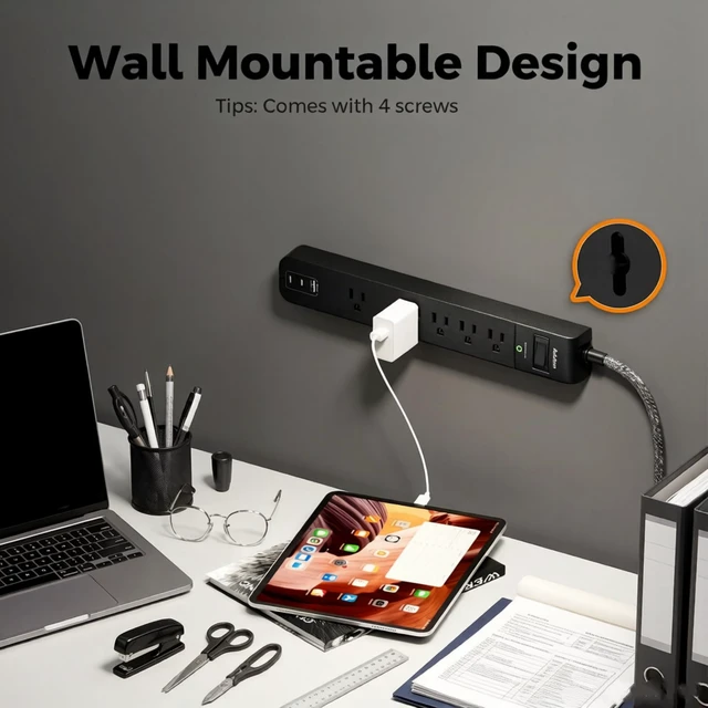 Alt view image 4 of 6 - 2 Pack Power Strip Surge Protector 5 Wide Spaced Outlets 3 USB 2 USB-C Charging Ports, 1875W/15A, 3ft Braided Cord, Flat Plug, Overload Surge Protection, Wall Mount for Home, Office & Dorm