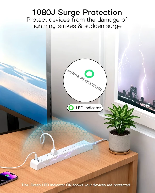 Alt view image 4 of 7 - Surge Protector Power Strip 25FT, 10-in-1 with 6 AC Outlets 4 USB Ports(2 USB-C), Ultra Flat Plug Braided Extension Cord, Wall Mountable, 1080J Surge Protection, ETL Listed, White