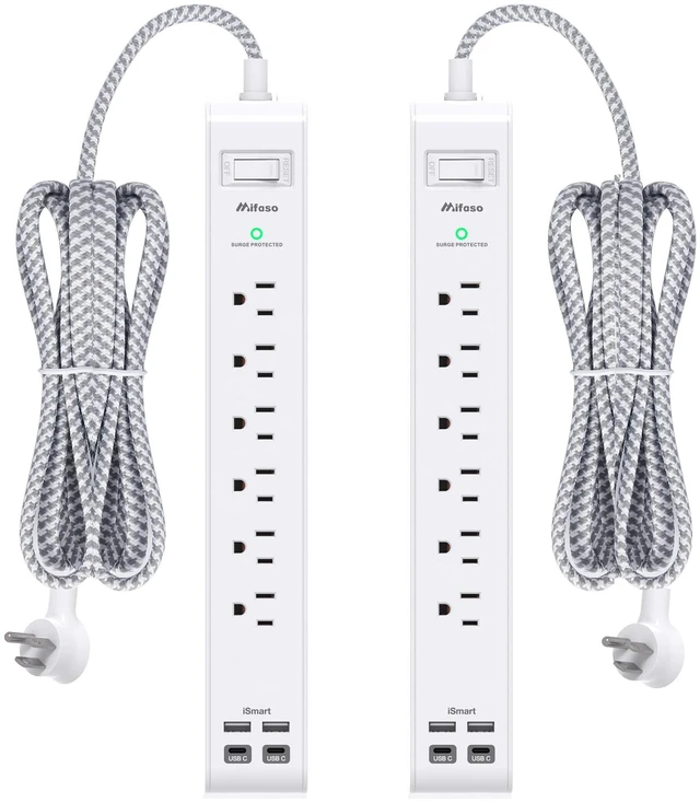 Main image of 2 Pack Power Strip, 3FT Flat Plug Extension Cord, Surge Protector 6 AC and 4 USB (2 USB C), Overload Protection, 1080J, Desk Charging Station for Home, Office, Dorm, College, ETL Listed