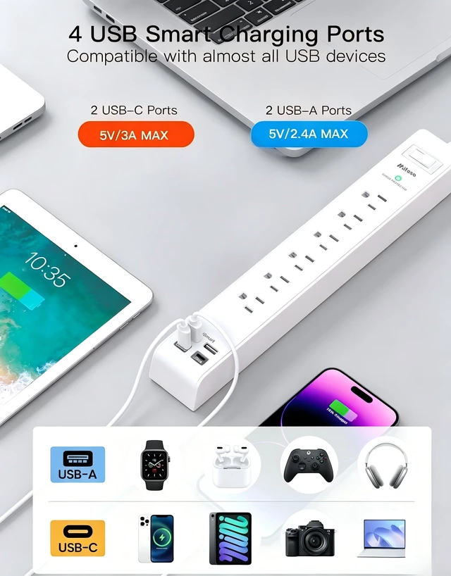 Alt view image 4 of 7 - 2 Pack Power Strip, Extension Cord 5FT, Surge Protector with 6 Outlets and 4 USB Ports (2 USB C), Flat Plug Overload Protection, Extension Cord with Multiple Outlets, Wall Mount for Home Dorm College