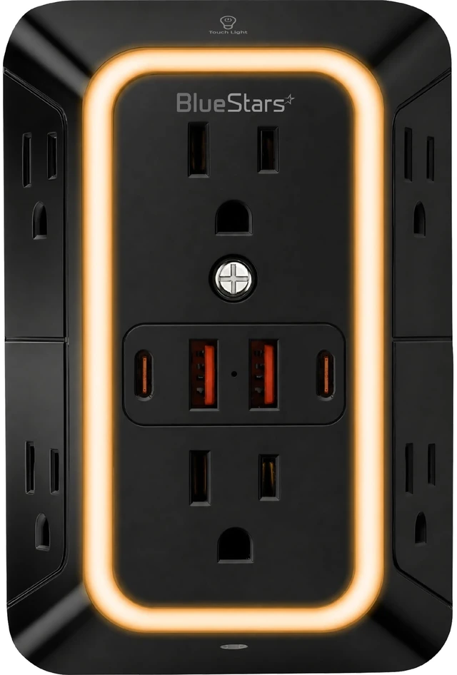 Main image of Wall Mount Power Strips Wall Charger 6 Outlet Extender 4 USB Ports (5V, 2.4A, 12W) and Night Light 3-Sided Power Strip with Adapter Spaced Outlets - Multi Plug Outlet Surge Protector, ETL, Black