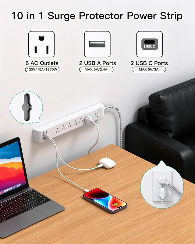 Alt view image 2 of 7 - 2 Pack Power Strip, 3FT Flat Plug Extension Cord, Surge Protector 6 AC and 4 USB (2 USB C), Overload Protection, 1080J, Desk Charging Station for Home, Office, Dorm, College, ETL Listed