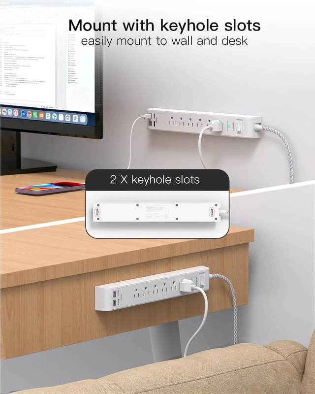 Alt view image 7 of 7 - 2 Pack Power Strip, 3FT Flat Plug Extension Cord, Surge Protector 6 AC and 4 USB (2 USB C), Overload Protection, 1080J, Desk Charging Station for Home, Office, Dorm, College, ETL Listed