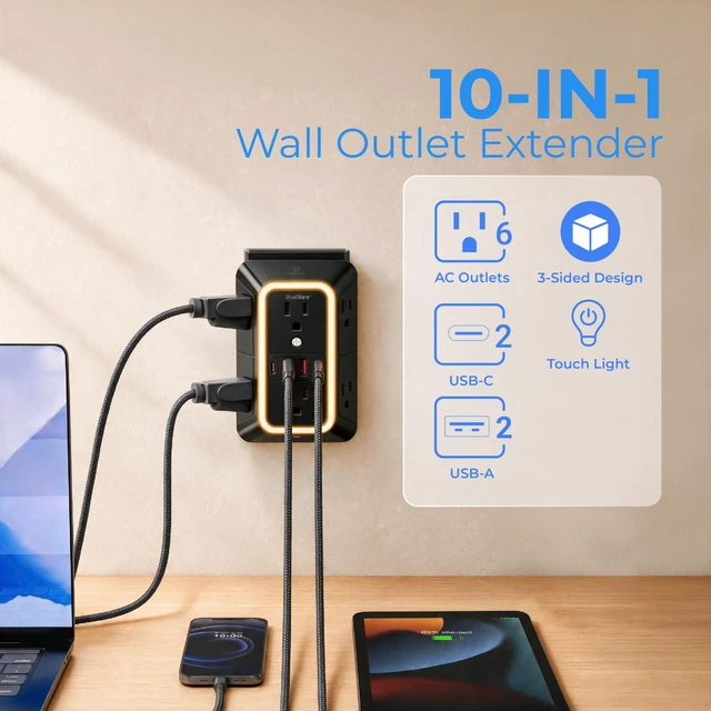 Alt view image 2 of 7 - Wall Mount Power Strips Wall Charger 6 Outlet Extender 4 USB Ports (5V, 2.4A, 12W) and Night Light 3-Sided Power Strip with Adapter Spaced Outlets - Multi Plug Outlet Surge Protector, ETL, Black