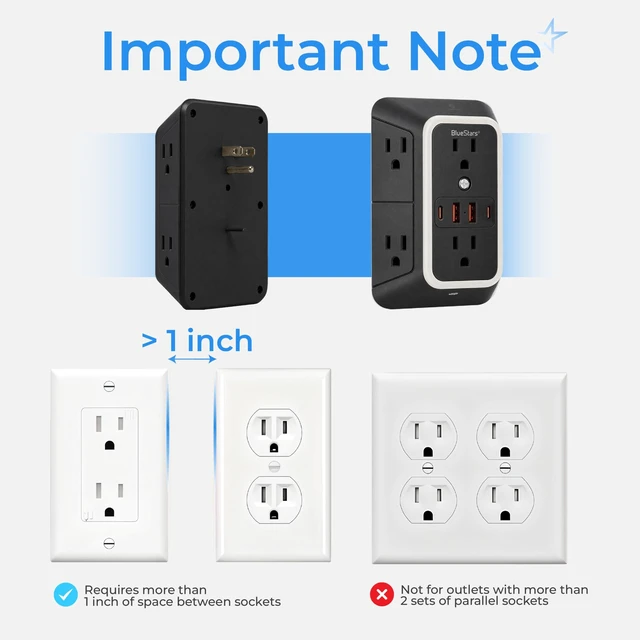 Alt view image 6 of 7 - Wall Mount Power Strips Wall Charger 6 Outlet Extender 4 USB Ports (5V, 2.4A, 12W) and Night Light 3-Sided Power Strip with Adapter Spaced Outlets - Multi Plug Outlet Surge Protector, ETL, Black