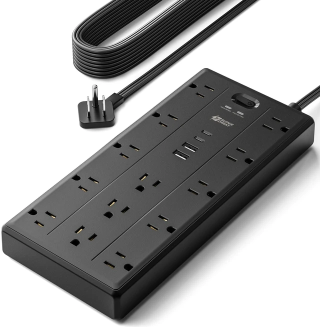Main image of 15Ft Extension Cord with Multiple Outlets, Flat Plug Power Strip 2100J, 13AC 2 USB C 2 USB A Charging Ports, Surge Protector, Desk Charging Station, Home Office, College Dorm Room Essentials