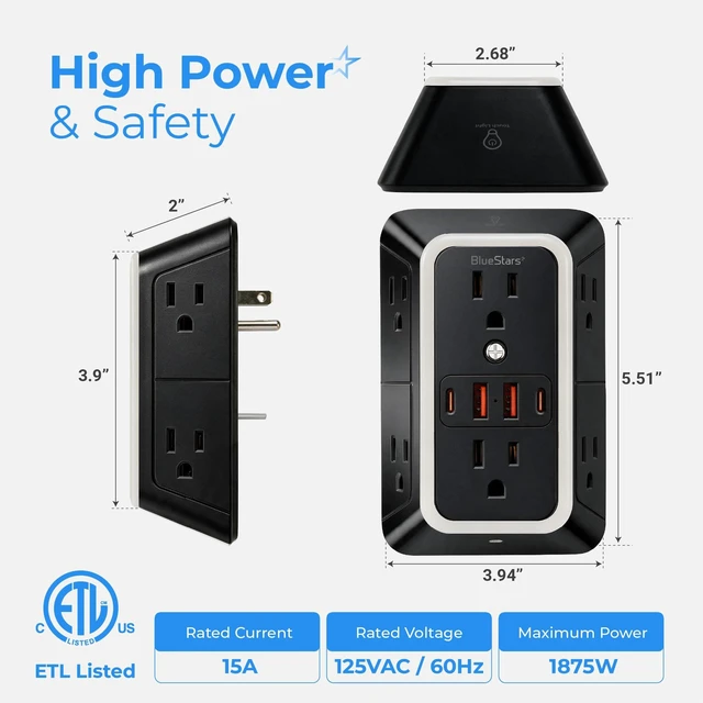 Alt view image 3 of 7 - Wall Mount Power Strips Wall Charger 6 Outlet Extender 4 USB Ports (5V, 2.4A, 12W) and Night Light 3-Sided Power Strip with Adapter Spaced Outlets - Multi Plug Outlet Surge Protector, ETL, Black