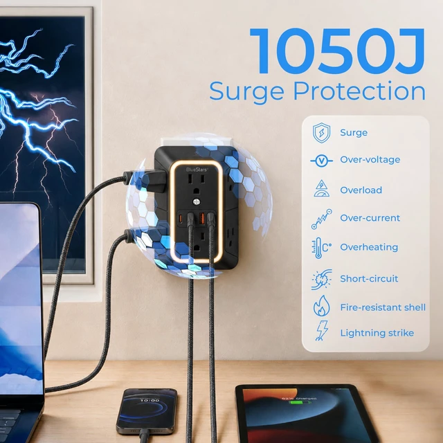 Alt view image 7 of 7 - Wall Mount Power Strips Wall Charger 6 Outlet Extender 4 USB Ports (5V, 2.4A, 12W) and Night Light 3-Sided Power Strip with Adapter Spaced Outlets - Multi Plug Outlet Surge Protector, ETL, Black