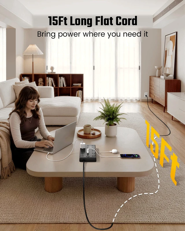 Alt view image 2 of 7 - 15Ft Extension Cord with Multiple Outlets, Flat Plug Power Strip 2100J, 13AC 2 USB C 2 USB A Charging Ports, Surge Protector, Desk Charging Station, Home Office, College Dorm Room Essentials