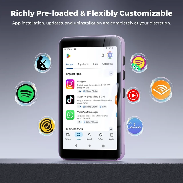 Alt view image 2 of 7 - G5 MP3 Player with Bluetooth and WiFi, 160GB Player with Spotify, Spotify Kids, Pandora, Play Store, Parental Manager App, Calm, 4" HD Full Touch Screen MP4 Music Player for Kids (Purple)