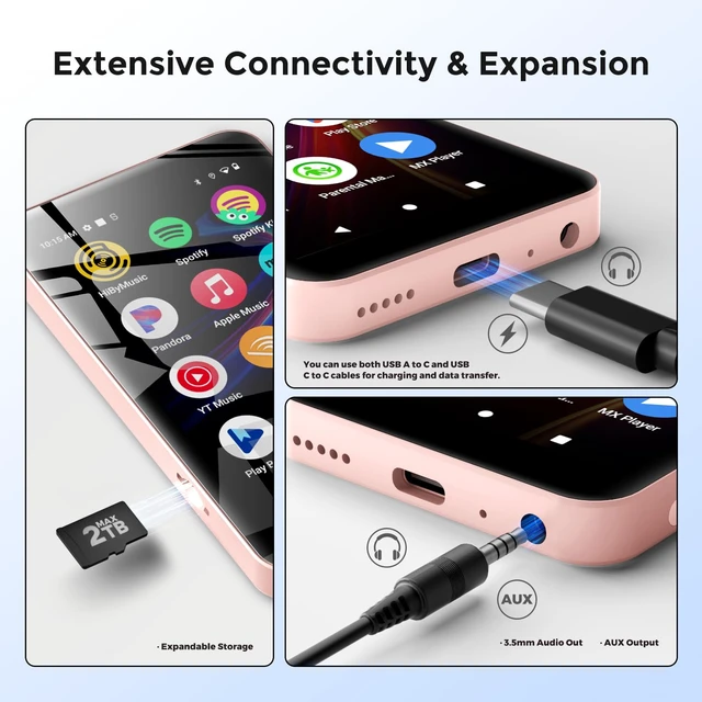 Alt view image 6 of 7 - G5 MP3 Player with Bluetooth and WiFi, 160GB Player with Spotify, Spotify Kids, Pandora, Play Store, Parental Manager App, Calm, 4" HD Full Touch Screen MP4 Music Player for Kids (Pink)