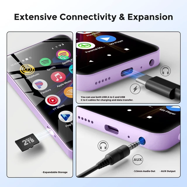 Alt view image 6 of 7 - G5 MP3 Player with Bluetooth and WiFi, 160GB Player with Spotify, Spotify Kids, Pandora, Play Store, Parental Manager App, Calm, 4" HD Full Touch Screen MP4 Music Player for Kids (Purple)