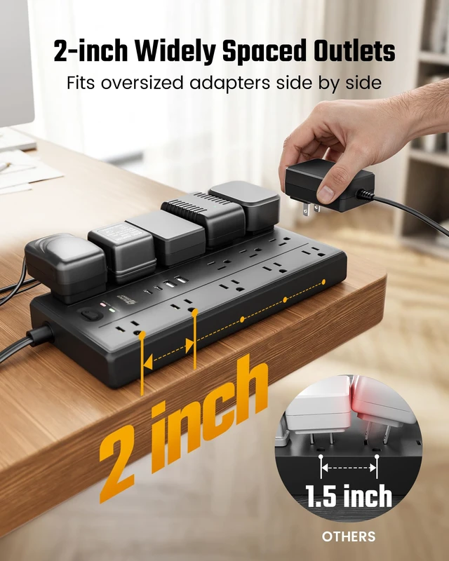 Alt view image 6 of 7 - 15Ft Extension Cord with Multiple Outlets, Flat Plug Power Strip 2100J, 13AC 2 USB C 2 USB A Charging Ports, Surge Protector, Desk Charging Station, Home Office, College Dorm Room Essentials