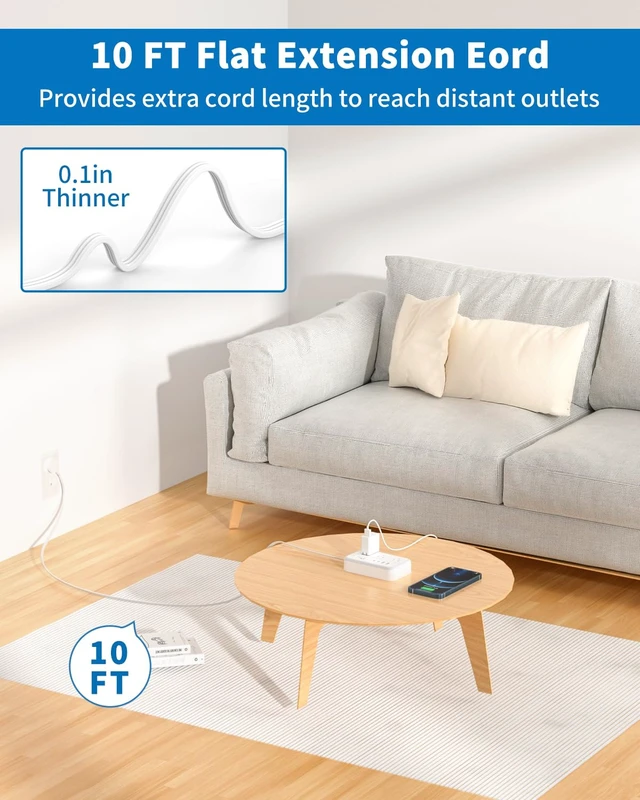 Alt view image 2 of 7 - 10 ft Flat Extension Cord, Flat Plug Power Strip with 6 Outlets 4 USB Ports, Wall Mounted Outlet Extender, Overload Protection for Indoor, Home, Office Supplies, Dorm Room Essentials