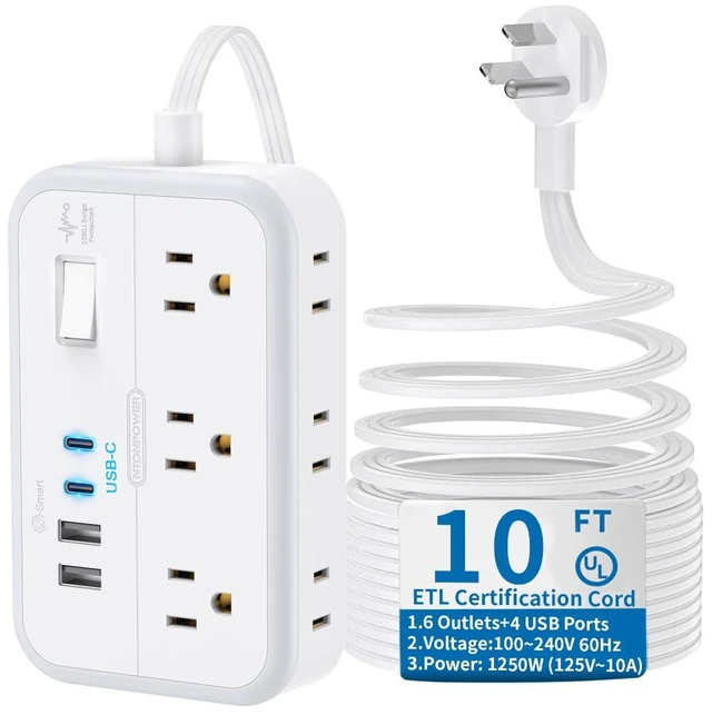 Main image of 10 ft Flat Extension Cord, Flat Plug Power Strip with 6 Outlets 4 USB Ports, Wall Mounted Outlet Extender, Overload Protection for Indoor, Home, Office Supplies, Dorm Room Essentials