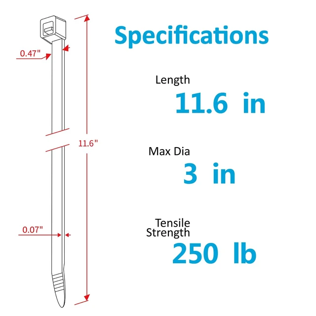 Alt view image 2 of 5 - Industrial Zip Ties Heavy Duty with 250 lbs Tensile Strength, 11.6 inch, Electrical Cable Ties Heavy Duty, 50 Pieces, Wide and Thick Zip Ties, by
