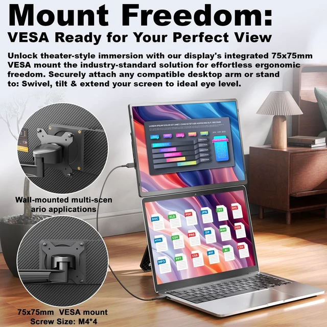 Alt view image 7 of 7 - 16.1" Laptop Screen Extender, 360° Rotating Detachable Stand/VESA Support, FHD 1200P IPS Portable Monitor, Plug & Play with HDMI/USB-A/Type-C, Compatible Win/Mac/Android