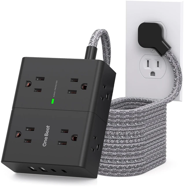 Main image of Extension Cord 10 Ft, Surge Protector Power Strip 10 Ft Long Cord 8 Outlets 4 USB Ports(2 USB C) 10Ft Braided Long Extension Cord Flat Plug, Home Office College Dorm Essentials, Black