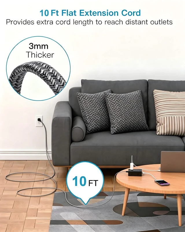 Alt view image 2 of 7 - Extension Cord 10 Ft, Surge Protector Power Strip 10 Ft Long Cord 8 Outlets 4 USB Ports(2 USB C) 10Ft Braided Long Extension Cord Flat Plug, Home Office College Dorm Essentials, Black
